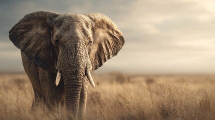 Majestic Elephant Portrait in Golden African Savannah at Dusk
