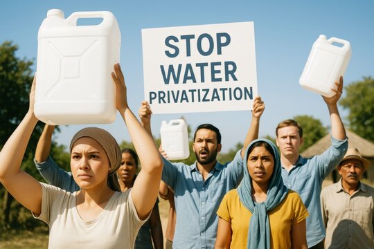 Group of diverse activists protesting against water privatization holding signs and containers outdoors on a sunny day in rural setting. Ai generative