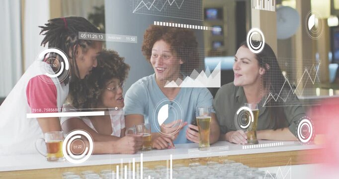 Curly-haired man pulling smartphone, scrolling data feed, friends toasting beer amid tech HUD