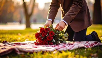 Proposal moment with a bouquet of roses park photography autumn atmosphere close-up view romantic concept