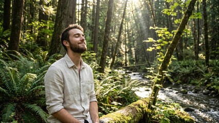 Young man breathes calmly amid greenery concept. Man enjoying peace and nature in a serene forest setting.