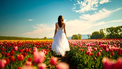 Graceful bride walking through colorful tulip field scenic landscape nature photography bright day romantic concept