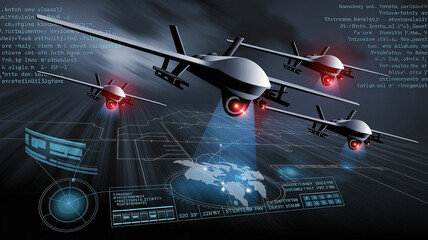 Aerial Surveillance: A squadron of advanced drone aircraft soaring through the air, their sophisticated technology and stealthy designs creating a sense of futuristic vigilance.