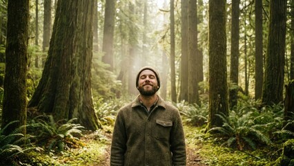 Young man breathes calmly amid greenery concept. Man enjoying serenity in a tranquil forest environment.