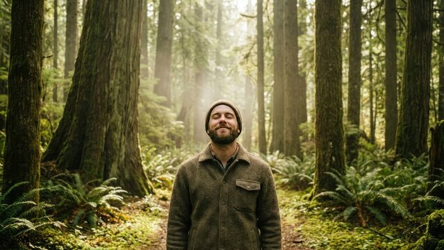 Young man breathes calmly amid greenery concept. Man enjoying serenity in a tranquil forest environment.