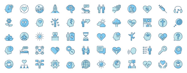 Mental health web icons set in line design. Duotone pictogram pack of positive thinking, self love, peace, mindfulness, meditation, psychotherapy, more outline stroke signs. Vector illustration.