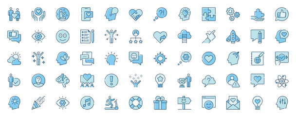 Fototapeta na wymiar Positive thinking web icons set in line design. Duotone pictogram pack of love relationship, support, meditation, mental health, brainstorming, vision, more outline stroke signs. Vector illustration.