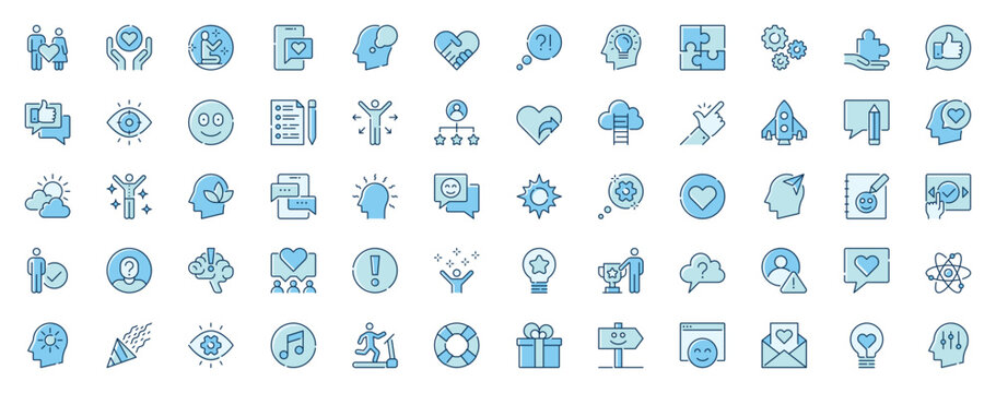 Positive thinking web icons set in line design. Duotone pictogram pack of love relationship, support, meditation, mental health, brainstorming, vision, more outline stroke signs. Vector illustration.