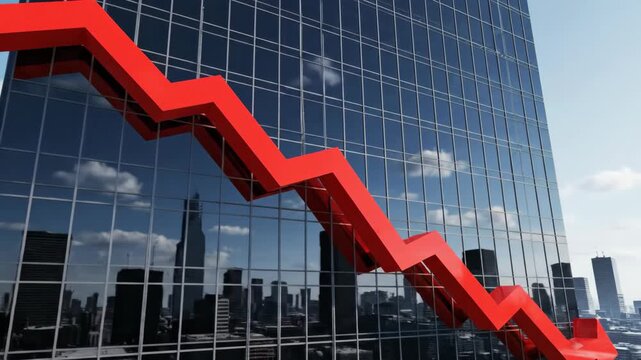Red downward arrow on modern skyscraper facade. Economic graph fall reflecting business downturn. Financial crisis concept.