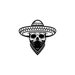 A bandit skull wearing a wide sombrero hat and bandana mask, perfect for Mexican-themed logos, taco truck branding, Day of the Dead merch, party stickers and western outlaw designs.