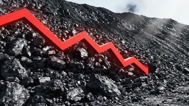 Red arrow crashing down on coal heap. Energy crisis, financial market decline, business failure diagram concept.