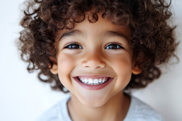 happy, mixed-race child with curly hair laughing	
