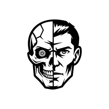 A striking half-man half-robot cyborg face in split design, with skeletal skull on one side and intense human features on the other