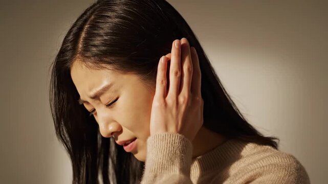 Portrait of a young asian woman touching her ear with a pained expression, suffering from an earache, tinnitus, or hearing loss against a warm, neutral background in a studio