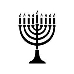 Fototapeta premium A classic Hanukkah menorah with nine lit candles on curved branches atop an ornate stand, perfect for Jewish holiday cards, synagogue logos