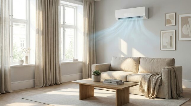 Comfort from air conditioner in living room concept. Modern living room with air conditioning and natural light.