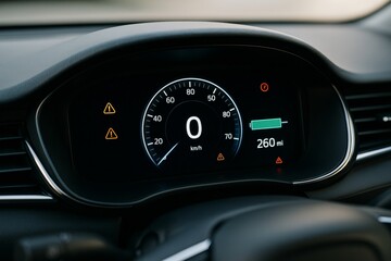 Close-up of modern digital car dashboard with speedometer, warning lights, and battery indicator on black background in a transport concept image. Ai generative