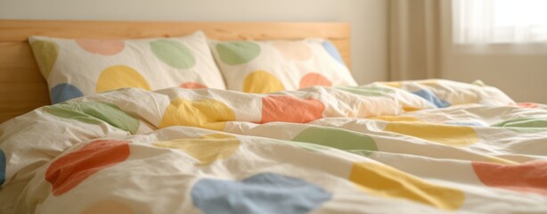 Cozy Bed with Colorful Polka Dot Pillows and Matching Duvet Set on Wooden Headboard Playful Bedroom Decor Concept Color Pop Bedroom Mood Warm Pride Bedroom Mood