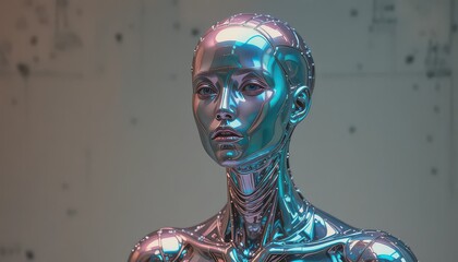 Shiny metallic robot with human-like face and neck details