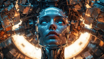 Cyborg woman with glowing blue eyes in futuristic metallic environment
