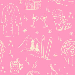 Fototapeta premium Hand drawn winter ski and apres ski seamless pattern in whimsical doodle style. Includes skiers, snowboard, clothing, equipment, cocktails and holiday elements. Cute line art, vintage background