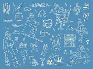 Fototapeta na wymiar Hand drawn winter ski and apres ski illustration set in whimsical doodle style. Includes skiers, snowboard, clothing, equipment, cocktails and holiday elements. Cute line art, vintage look, isolated