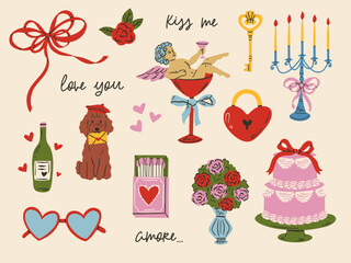 Fototapeta premium Cute coquette doodle illustration set for Valentine’s Day, weddings and love events. Hand drawn hearts, bows, rings, flowers, drinks and desserts. Whimsical vintage style, trendy feminine design
