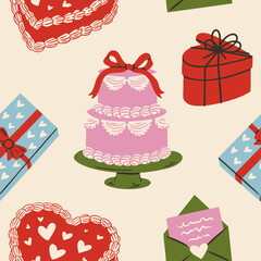 Fototapeta premium Seamless romantic doodle pattern with hearts, bows, doves, cakes and drinks. Cute vintage coquette illustration for Valentine’s Day, weddings and gifts. Trendy feminine design for wallpaper.