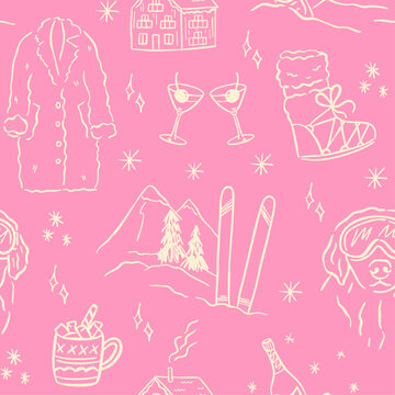 Hand drawn winter ski and apres ski seamless pattern in whimsical doodle style. Includes skiers, snowboard, clothing, equipment, cocktails and holiday elements. Cute line art, vintage background