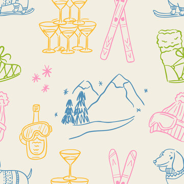 Hand drawn winter ski and apres ski seamless pattern in whimsical doodle style. Includes skiers, snowboard, clothing, equipment, cocktails and holiday elements. Cute line art, vintage background