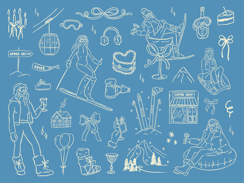Hand drawn winter ski and apres ski illustration set in whimsical doodle style. Includes skiers, snowboard, clothing, equipment, cocktails and holiday elements. Cute line art, vintage look, isolated