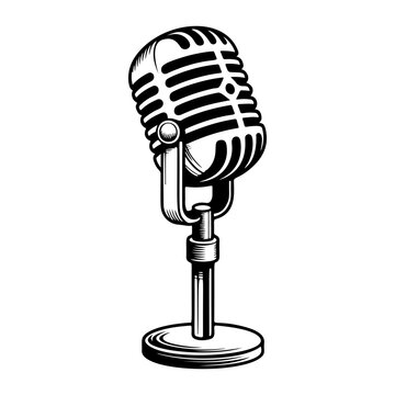A classic vintage microphone on a stand with retro grille design, perfect for podcast logos, recording studio branding, rock band merch, radio station icons