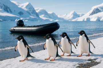 Four penguins walking on snowy Antarctic shoreline with inflatable boat and icy mountain background under clear blue sky. Ai generative. Ai generative