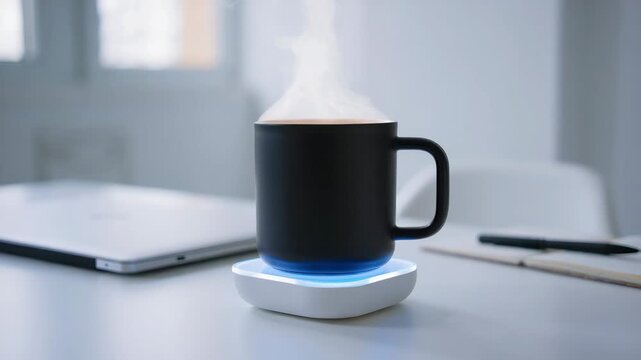 Sleek black ceramic mug emitting steam on an illuminated electric cup warmer, warm drink comfort at the desk, cozy work-from-home vibes, smart heated coaster convenience for keeping coffee