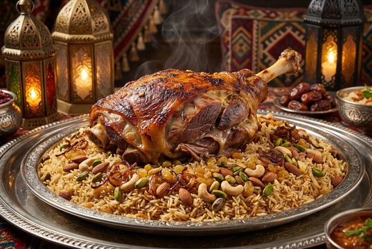Lamb Shank Mansaf or Quzi with rice and nuts. Traditional Bedouin dish for Eid and Iftar. Generative AI.
