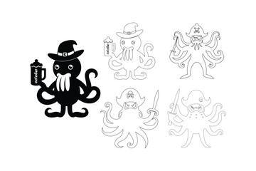 Cute octopus character set in cartoon, outline and sketch styles