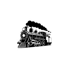 A classic steam locomotive chugging forward with billowing smoke from the stack, detailed wheels and passenger cars, perfect for railroad heritage brands, toy train logos, adventure travel merch
