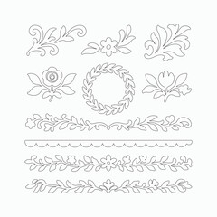 Hand drawn floral wreath and decorative botanical line border set