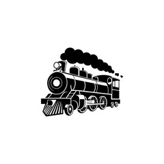 A classic steam locomotive chugging forward with billowing smoke from the stack, detailed wheels and passenger cars, perfect for railroad heritage brands, toy train logos, adventure travel merch