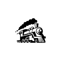 A classic steam locomotive chugging forward with billowing smoke from the stack, detailed wheels and passenger cars, perfect for railroad heritage brands, toy train logos, adventure travel merch