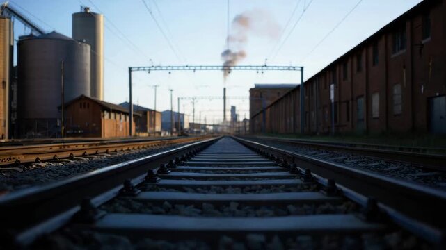 Low-angle shot of railway tracks passing through an industrial logistics corridor with warehouses, storage silos and overhead power lines, rail transport infrastructure, commodities distribution