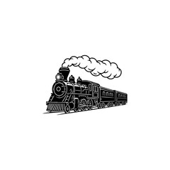 A classic steam locomotive chugging forward with billowing smoke from the stack, detailed wheels and passenger cars, perfect for railroad heritage brands, toy train logos, adventure travel merch