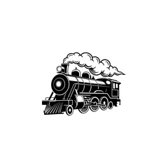 A classic steam locomotive chugging forward with billowing smoke from the stack, detailed wheels and passenger cars, perfect for railroad heritage brands, toy train logos, adventure travel merch