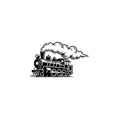 A classic steam locomotive chugging forward with billowing smoke from the stack, detailed wheels and passenger cars, perfect for railroad heritage brands, toy train logos, adventure travel merch