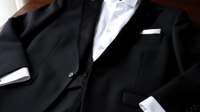 A black suit with a white shirt and cufflinks displayed