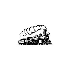 A classic steam locomotive chugging forward with billowing smoke from the stack, detailed wheels and passenger cars, perfect for railroad heritage brands, toy train logos, adventure travel merch