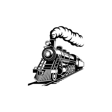 A classic steam locomotive chugging forward with billowing smoke from the stack, detailed wheels and passenger cars, perfect for railroad heritage brands, toy train logos, adventure travel merch