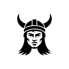 A fierce Viking warrior with prominent curved bull horns on his helmet, intense facial features, long flowing hair and beard, perfect for Norse mythology brands, heavy metal bands, adventure gear
