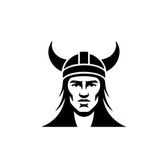 A fierce Viking warrior with prominent curved bull horns on his helmet, intense facial features, long flowing hair and beard, perfect for Norse mythology brands, heavy metal bands, adventure gear