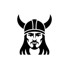 Fototapeta premium A fierce Viking warrior with prominent curved bull horns on his helmet, intense facial features, long flowing hair and beard, perfect for Norse mythology brands, heavy metal bands, adventure gear